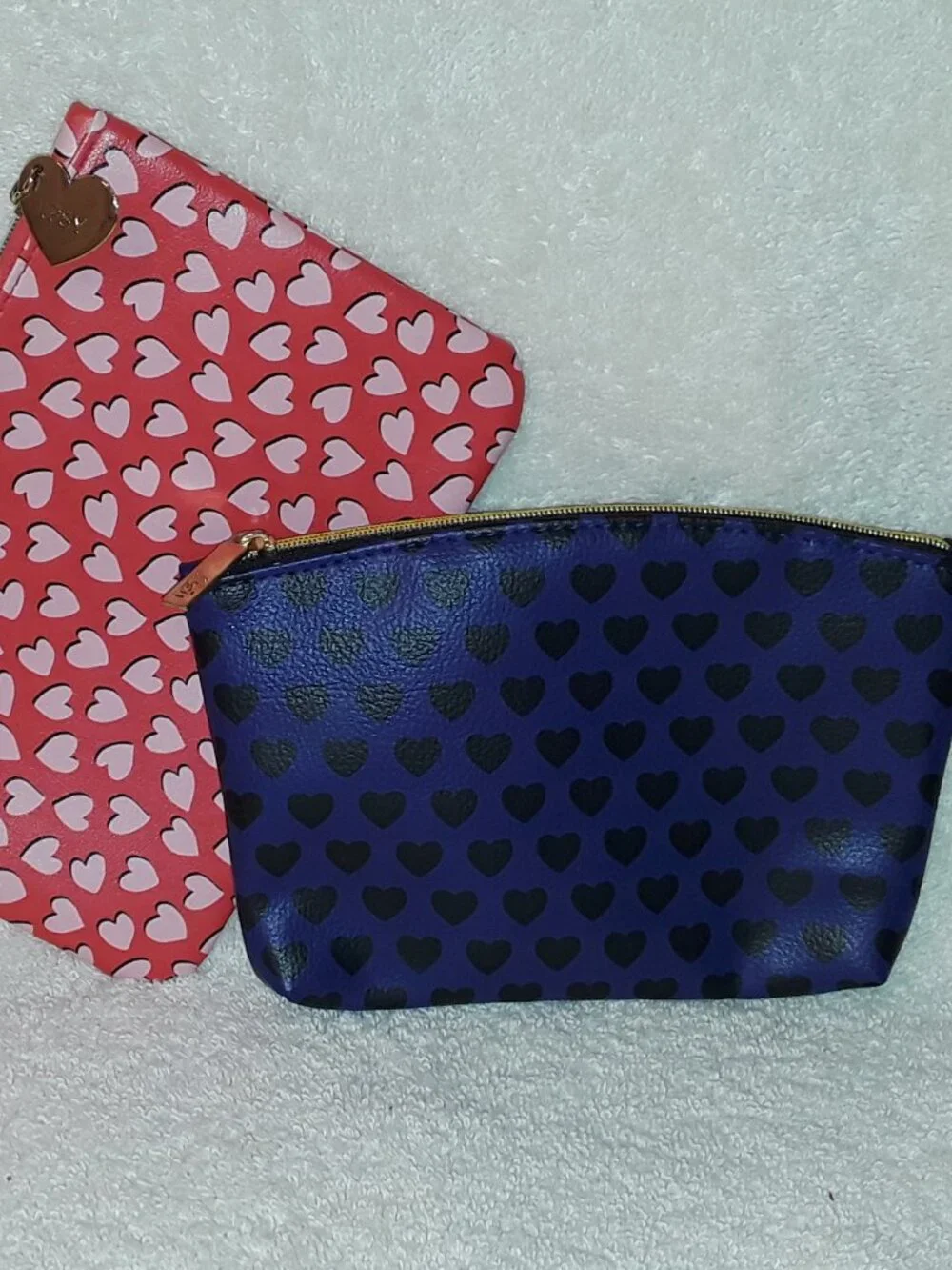 Set of 2 Ipsy Heart-Pattern Zip Cosmetic Bags: 1 Purple/Black & 1 Hot/Light Pink
